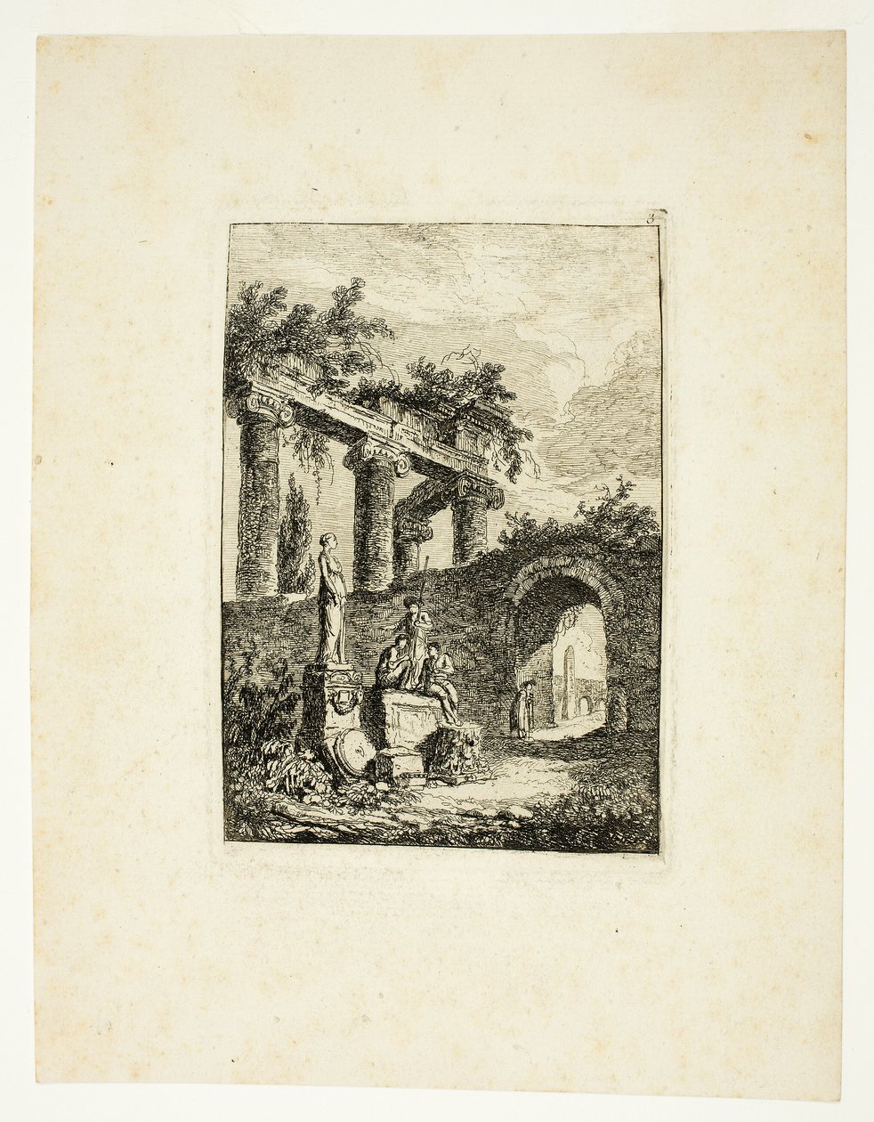 Statyn framför ruinerna, plansch tre från Les Soirées de Rome av Hubert Robert