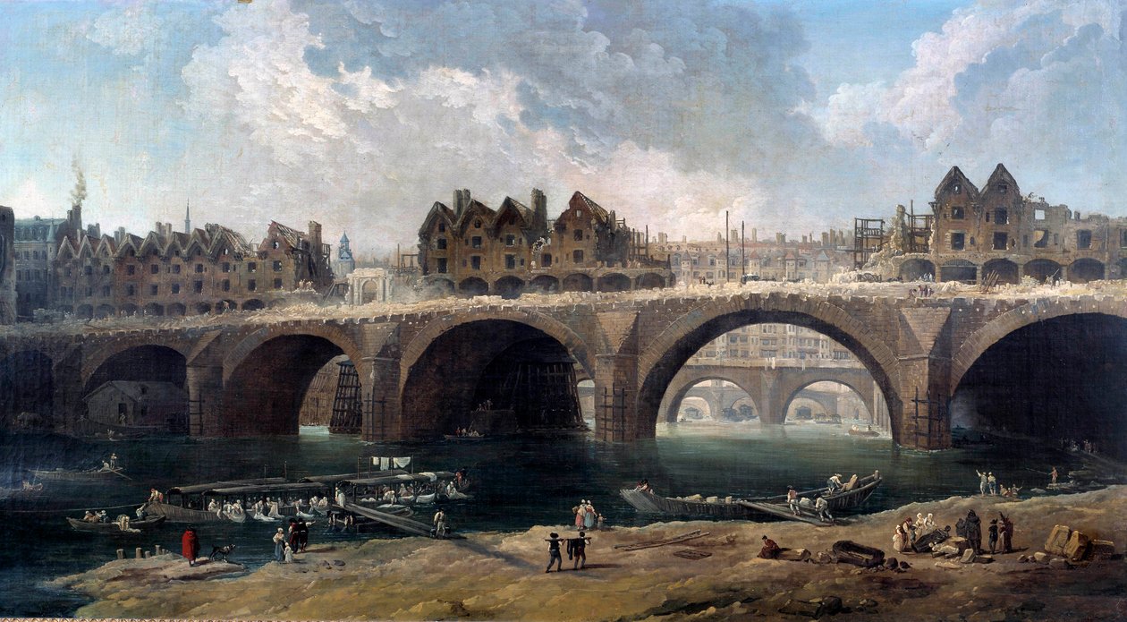 Rivningen av husen på bron Notre-Dame (Notre Dame) i Paris 1786 Sur la Seine, en båttvätt (båttvätt). målning av Hubert Robert (1733-1808) 1786 sön. 0,86x1,59 m Paris, Musee Carnavalet av Hubert Robert