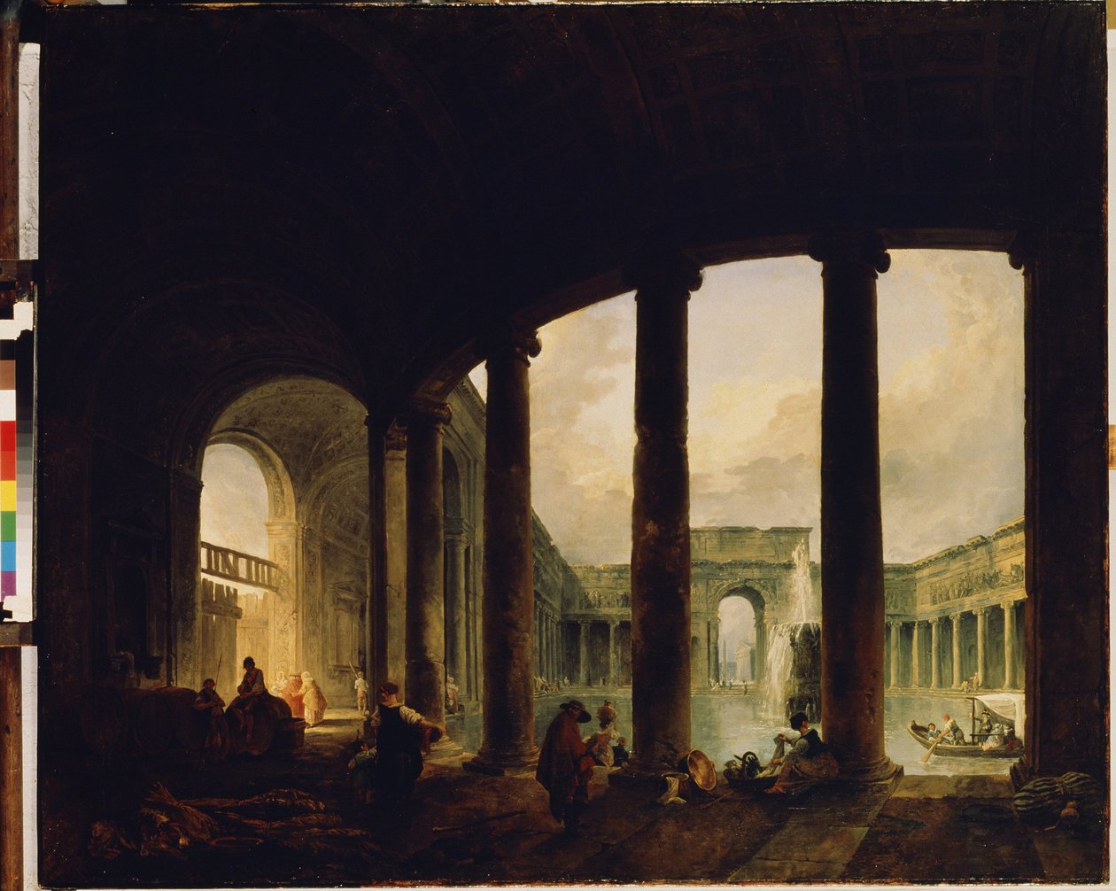 ""En pool omgiven av en pelargång"" (Pool omgiven av en pelargång (Villa Giulia?)) Detta kan vara Villa Giulia i Rom. Målning av Hubert Robert (1733-1808) Eremitagemuseet Sankt Petersburg av Hubert Robert