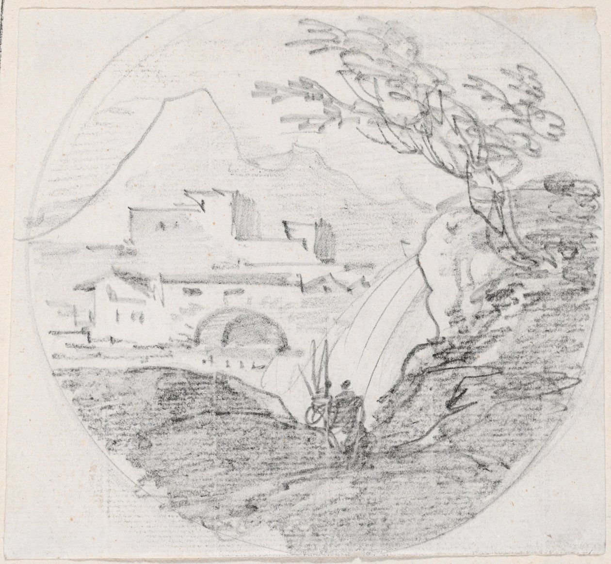Utsikt från en ås till en by och det avlägsna berget av Hubert Robert