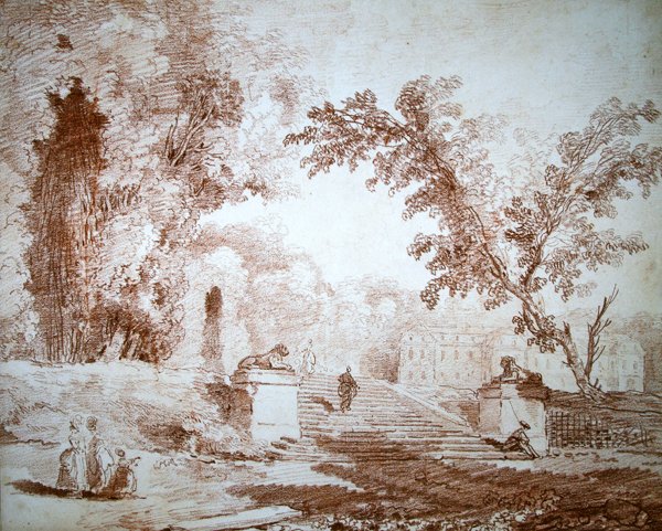 Utsikt över en trädgård med terrass (röd krita på papper) av Hubert Robert
