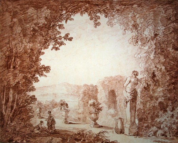 Utsikt över en trädgård med statyer (röd krita på papper) av Hubert Robert