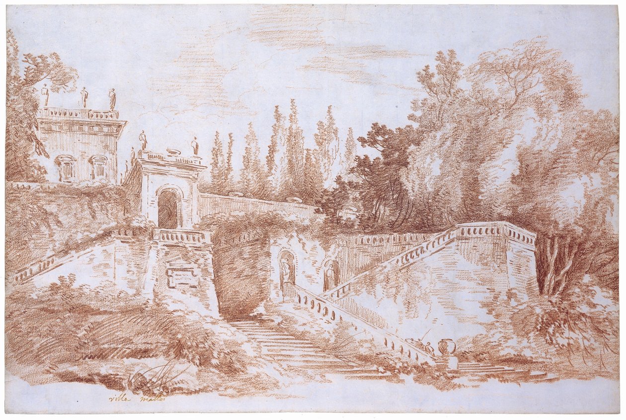 Utsikt över trädgårdarna på Villa Mattei av Hubert Robert