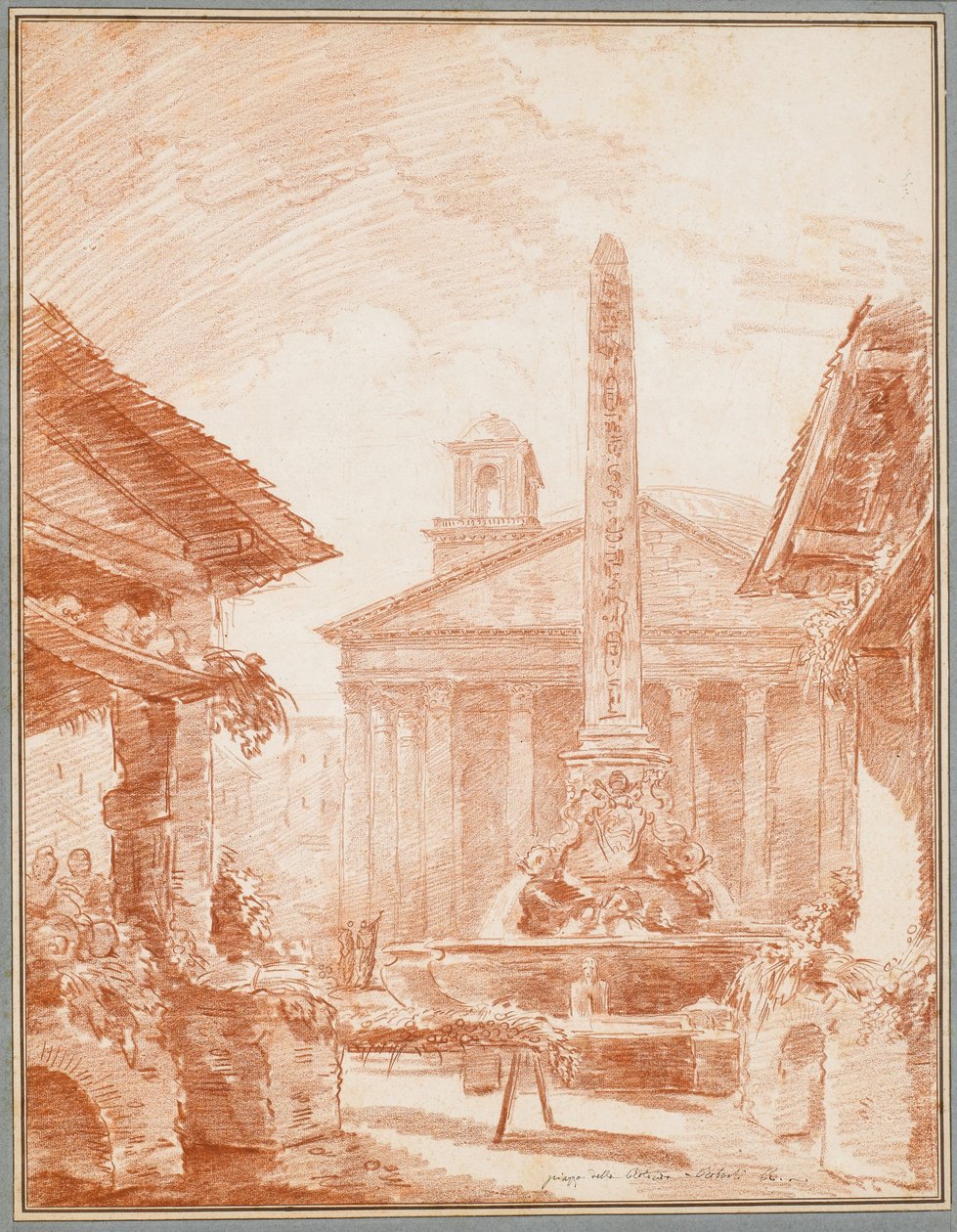 Utsikt över Piazza della Rotonda i Rom med Tritons fontän och Pantheon fasaden av Hubert Robert
