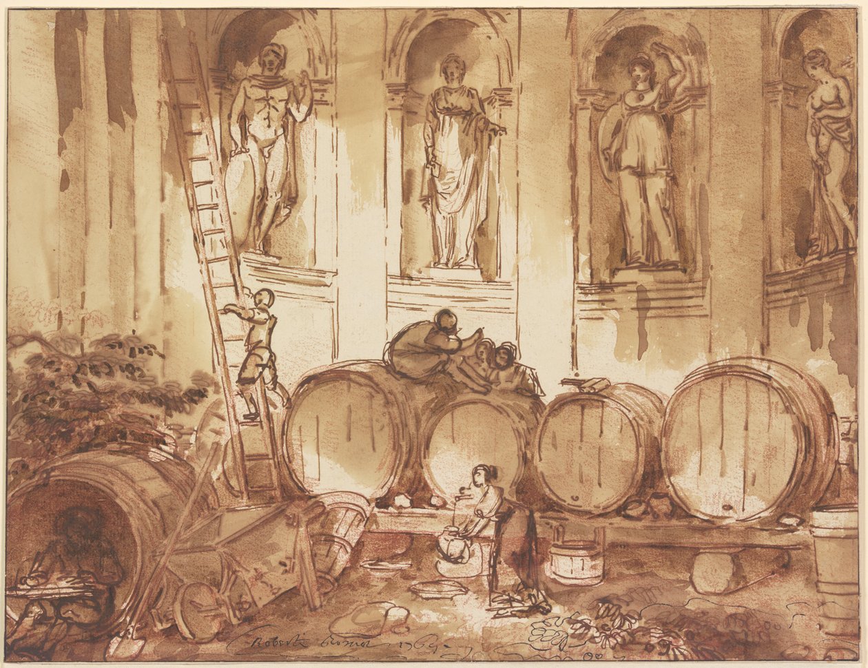 Vinförråd i en nischhall med fyra statyer av antika gudar av Hubert Robert