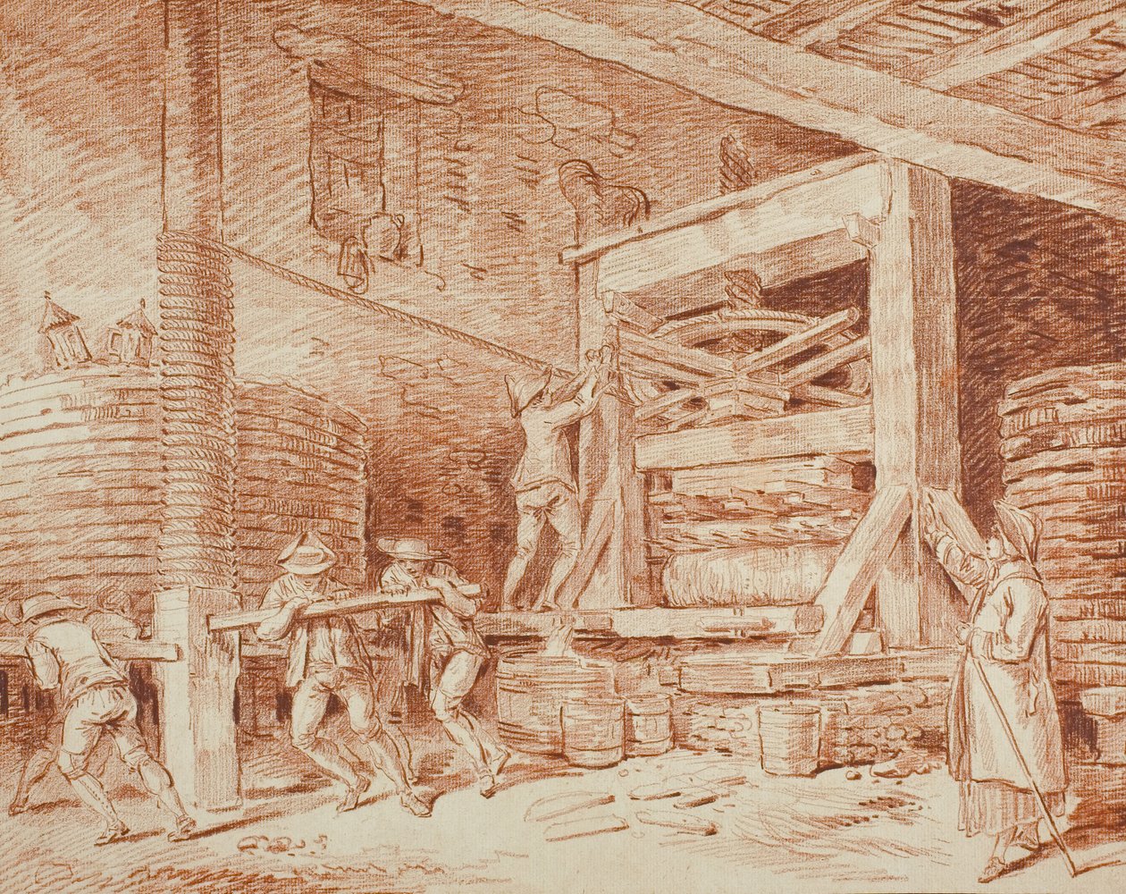 Wine Press, ca 1759 (röd krita på gulfärgat papper, nedlagd på krämigt kort) av Hubert Robert