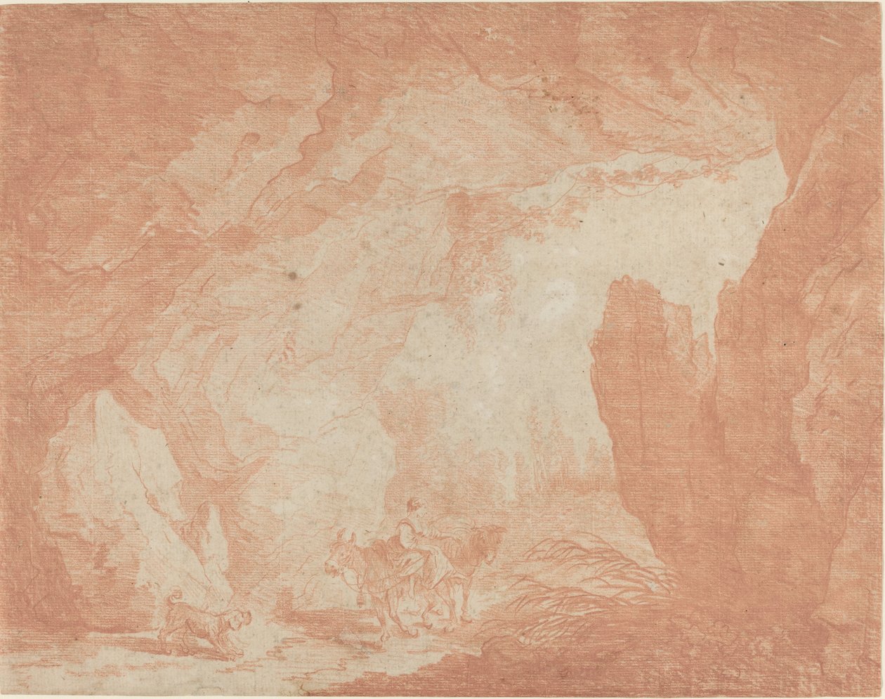 Ung kvinna med åsnor som rider under en naturlig bro av Hubert Robert