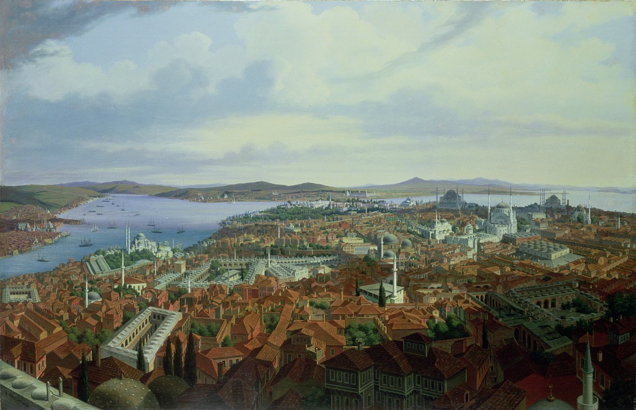 Panorama över Konstantinopel från Suleymaniye Camii, 1844 av Hubert Sattler