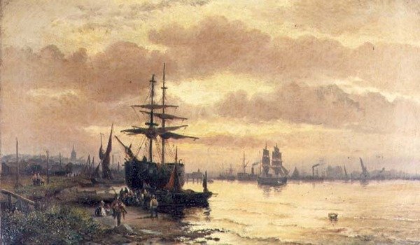 Fiskare på stranden av en mynning vid solnedgången av Hubert Thornley
