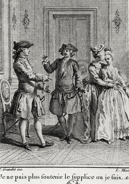 Jag kan inte stå ut med plågorna här längre där jag är, illustration för Eugenie av Beaumarchais, graverad av Louis Joseph Masquelier (1741-1811) av Hubert after Gravelot