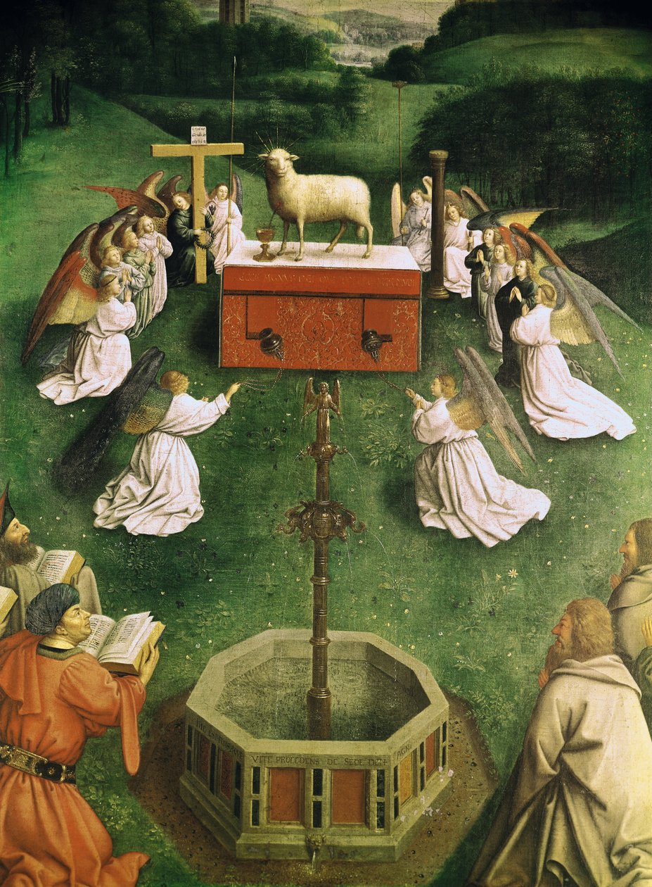 Kopia av The Adoration of the Mystic Lamb, från Gents altartavla, nedre halvan av centralpanelen (olja på panel) (se även 166057) av Hubert and Jan van  Eyck