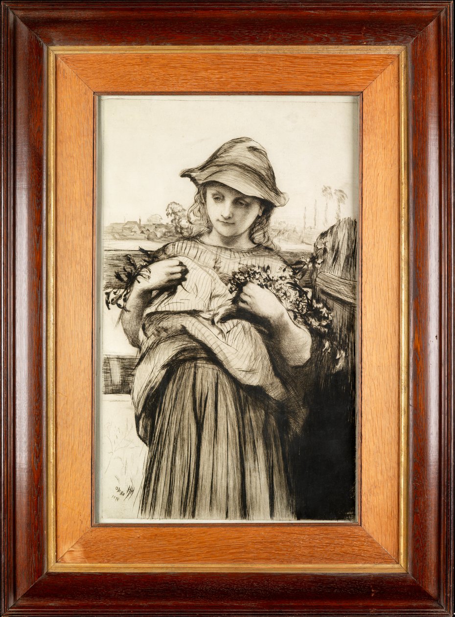 En flicka med blommor (etsning med torrnål) av Hubert von Herkomer