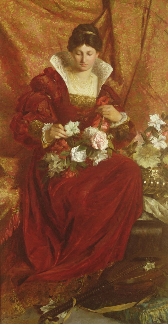 En dam som ordnar blommor av Hubert von Herkomer