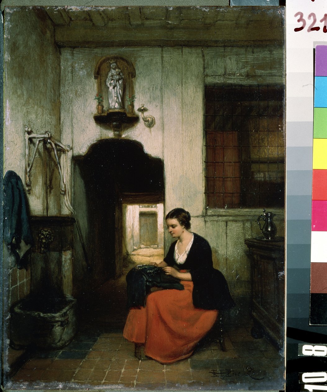 ""La brodeuse"" (broderskan) Ung kvinna sysslar med sömnad i en belgisk interiör. Målning av Hubertus van Hove (1814-1865) 1860 Mikhail Kroshitsky Art Museum, Sevastopol (Sevastopol) Ukraina av Hubertus van Hove