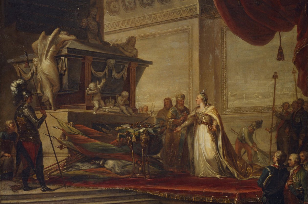 Katarina II lägger ut troféerna från slaget vid Chesma på Peter den stores grav, 1791 av Hüne