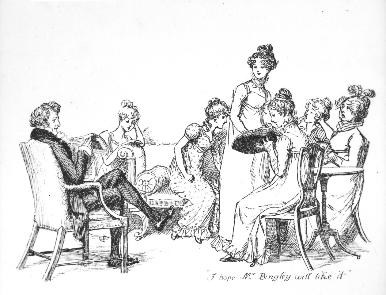 "Jag hoppas att Mr. Bingley kommer att gilla det", illustration från "Pride und Prejudice" av Jane Austen, utgåva publicerad 1894 av Hugh Thomson