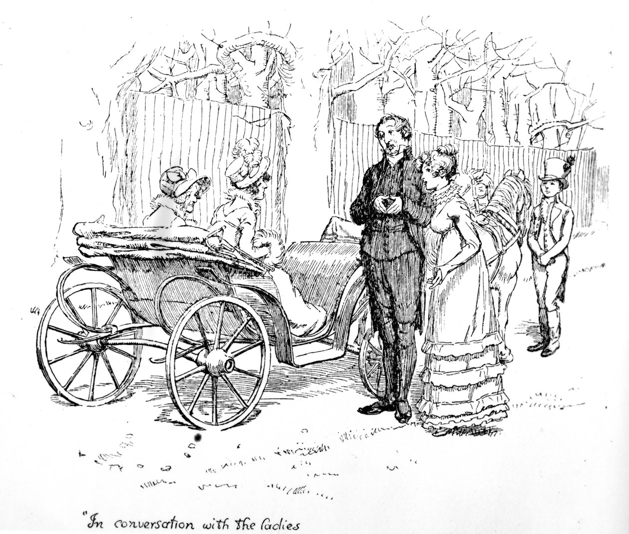 "I samtal med damerna", illustration från "Stolthet och fördom" av Jane Austen, utgåva publicerad 1894 av Hugh Thomson