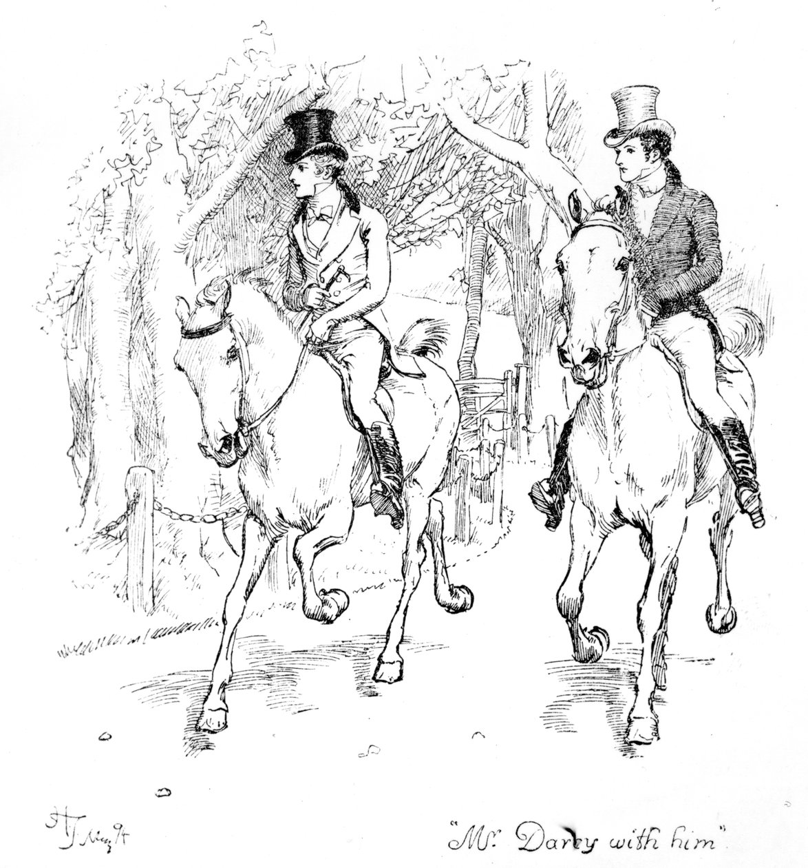 "Mr. Darcy with him", illustration från Jane Austens "Pride und Prejudice", upplaga från 1894. av Hugh Thomson