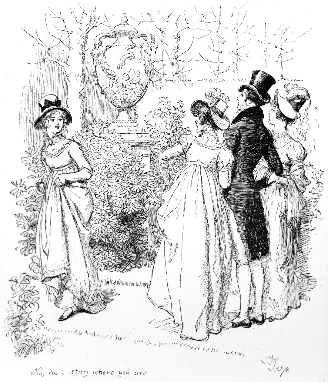 "Nej, nej, stanna där du är", illustration från "Stolthet och fördom" av Jane Austen, utgåva publicerad 1894 av Hugh Thomson