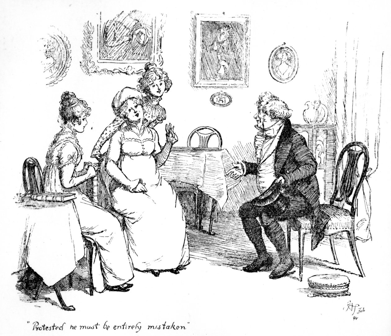 "Protesterade att han måste ha helt fel", illustration till "Pride und Prejudice" av Jane Austen, upplaga publicerad 1894 av Hugh Thomson