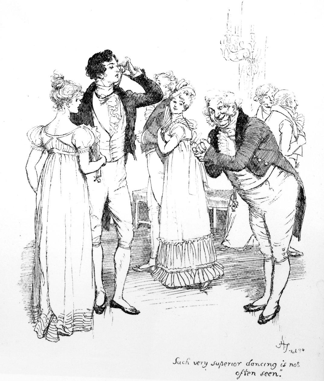 "Sådan mycket överlägsen dans ses inte ofta", illustration från "Pride und Prejudice" av Jane Austen, utgåva publicerad 1894 av Hugh Thomson
