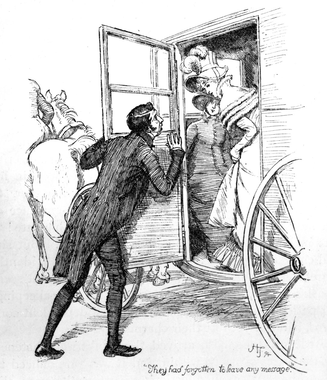 "De hade glömt att lämna något meddelande", illustration från "Pride and Prejudice" av Jane Austen, utgåva publicerad 1894 av Hugh Thomson