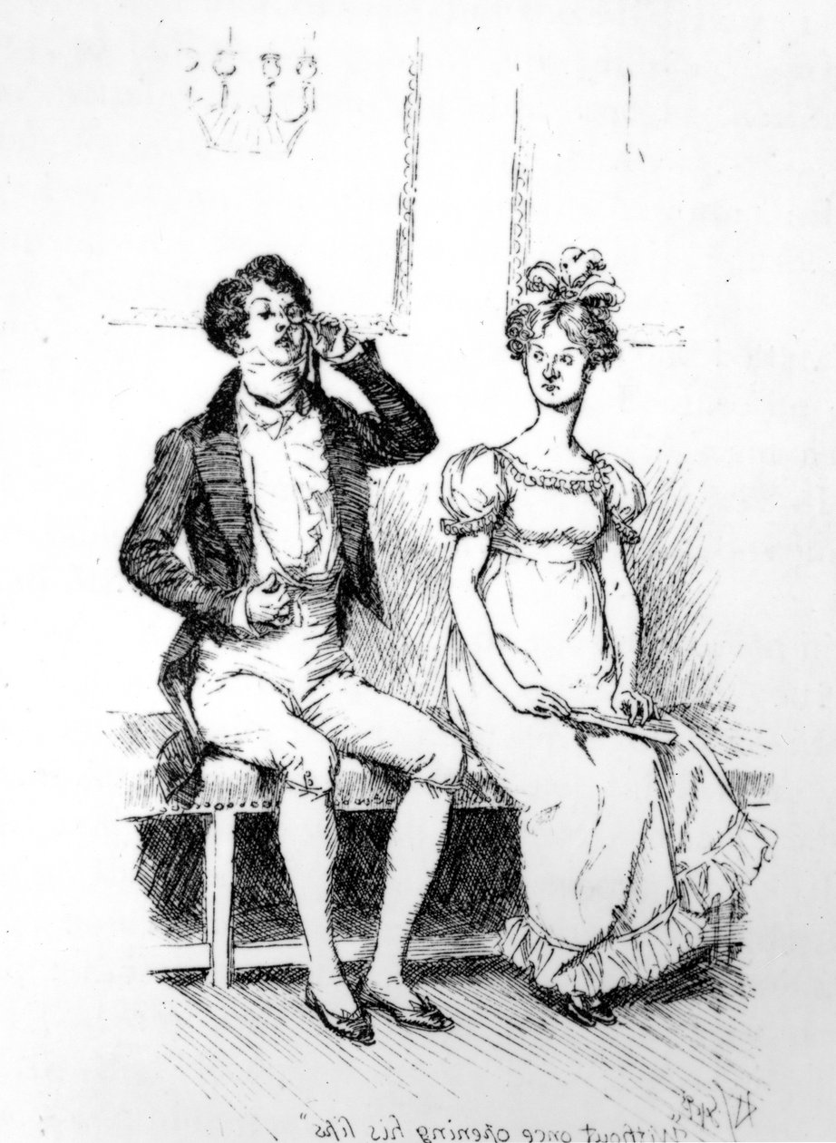"Utan att en gång öppna sina läppar", illustration från "Stolthet och fördom" av Jane Austen, utgåva publicerad 1894 av Hugh Thomson