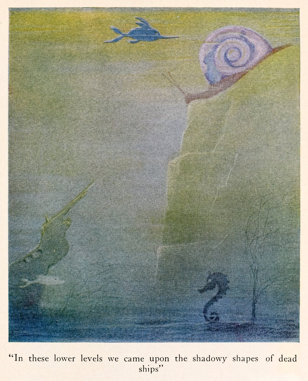 "I dessa lägre nivåer kom vi på de skuggiga formerna av döda skepp" illustration från The Voyages of Doctor Dolittle av Hugh Lofting