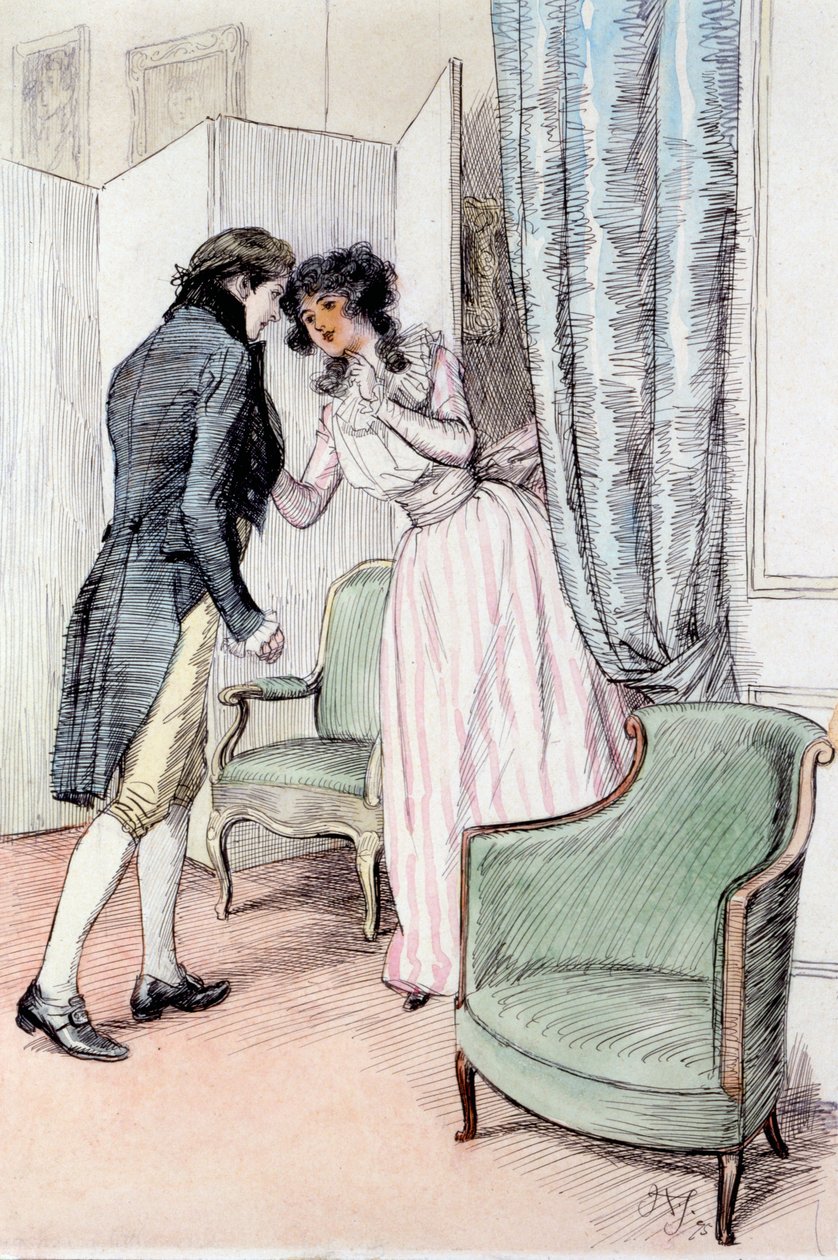 Drawing Him a Little Aside, illustration från "Sense and Sensibility" av Jane Austen, publicerad 1895 (penna och tvätt på papper) av Hugh Thomson