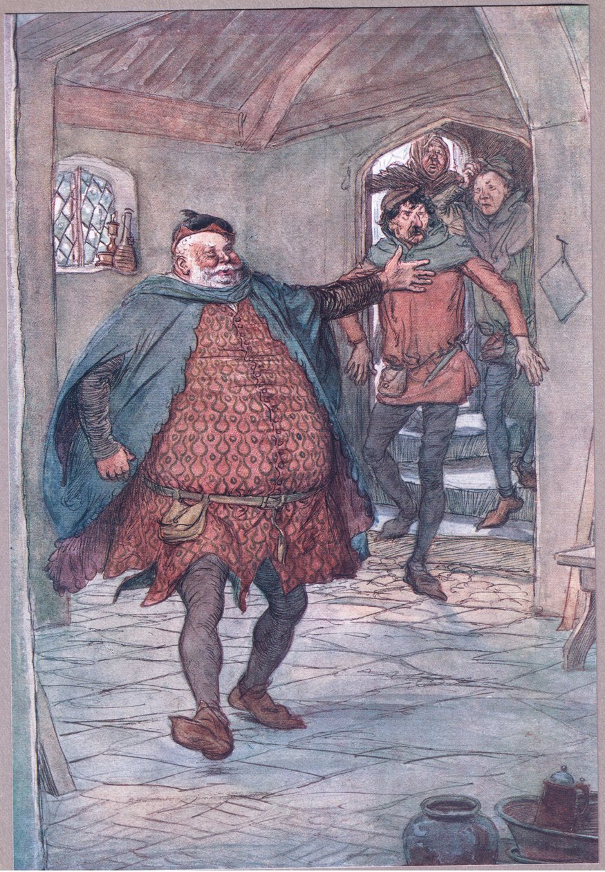 Enter Falstaff, pistol, Nym och Bardolph, illustration från The Merry Wives of Windsor, 1910 av Hugh Thomson