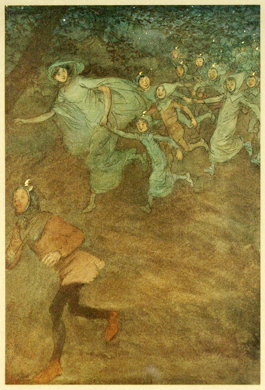 Ulufale atu ia Sir Hugh Evans, Anne Page, ma isi, mai le The Merry Wives of Windsor, pub. 1910 swed av Hugh Thomson