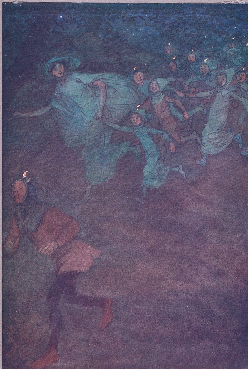 Ange Sir Hugh Evans, Anne Page och de andra, illustration från The Merry Wives of Windsor, 1910 av Hugh Thomson