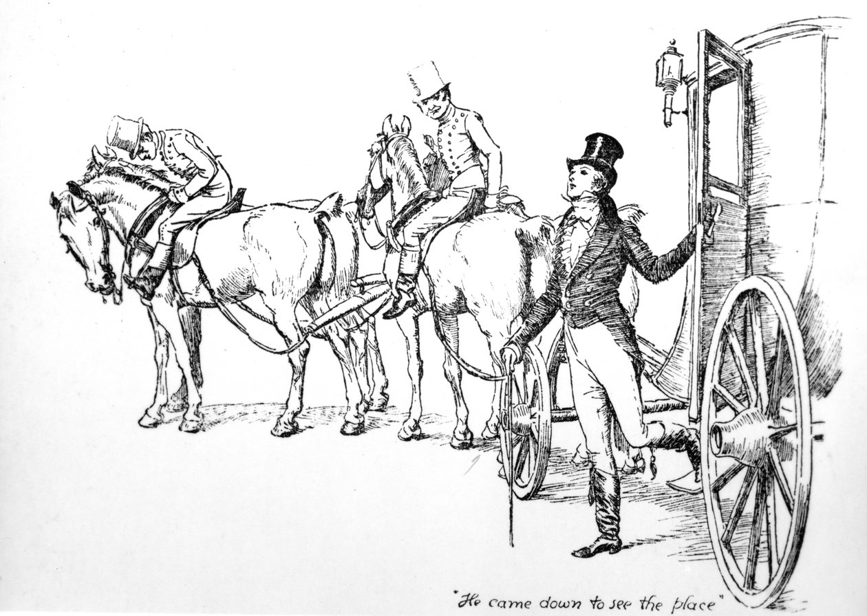 "Han kom ner för att se platsen", illustration från "Stolthet och fördom" av Jane Austen, utgåva publicerad 1894 av Hugh Thomson