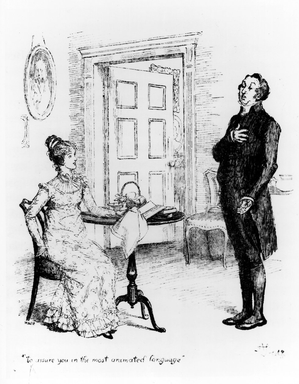 Mr Collins och Elizabeth, från "Pride and Prejudice" av Jane Austen (1775-1817) c.1894 (gravyr) (bw foto) av Hugh Thomson