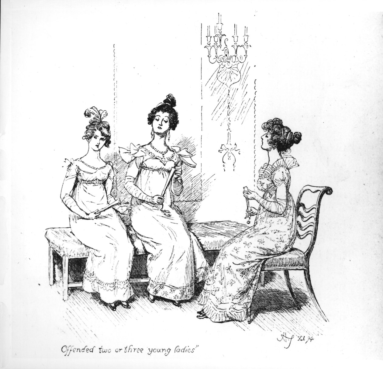 "Kränkta två eller tre unga damer", Bingley-systrarna från "Stolthet och fördom" av Jane Austen, 1894 (gravyr) (bw-foto) av Hugh Thomson