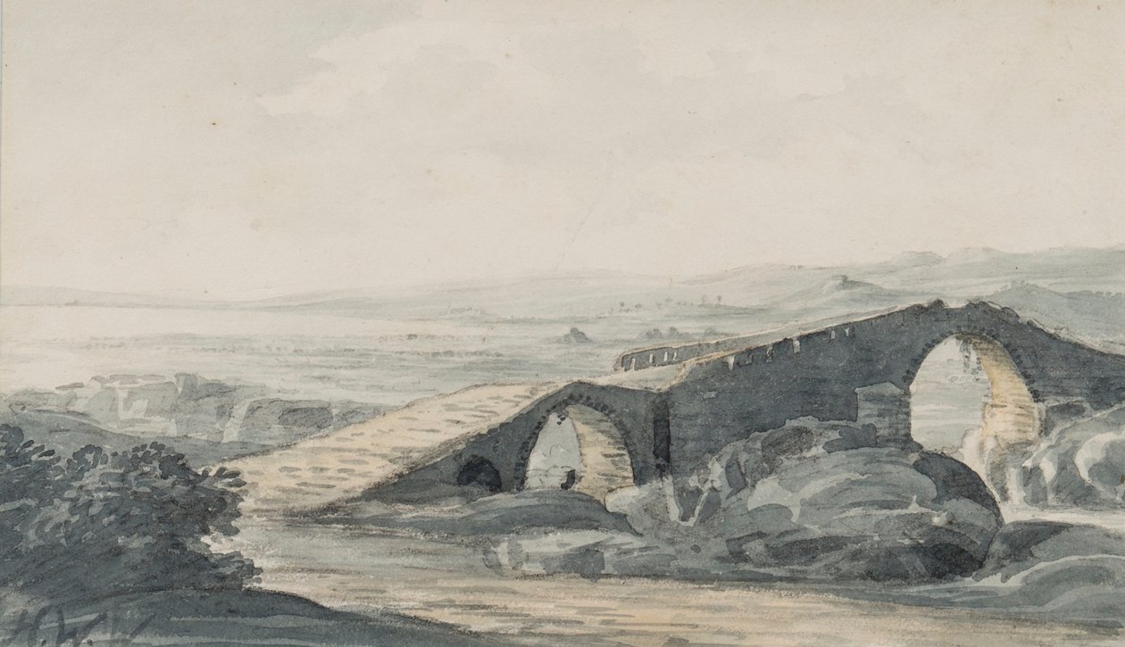 Devils Bridge ser mot havet, floden Anda, c.1818 (wc på papper) av Hugh William Williams