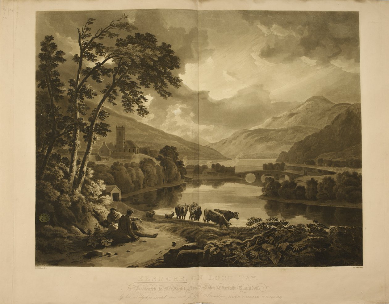 Illustration som visar en vy av Kenmore på Loch Tay i Skottland. Ett sjö- och bergslandskap i högländerna. av Hugh William Williams