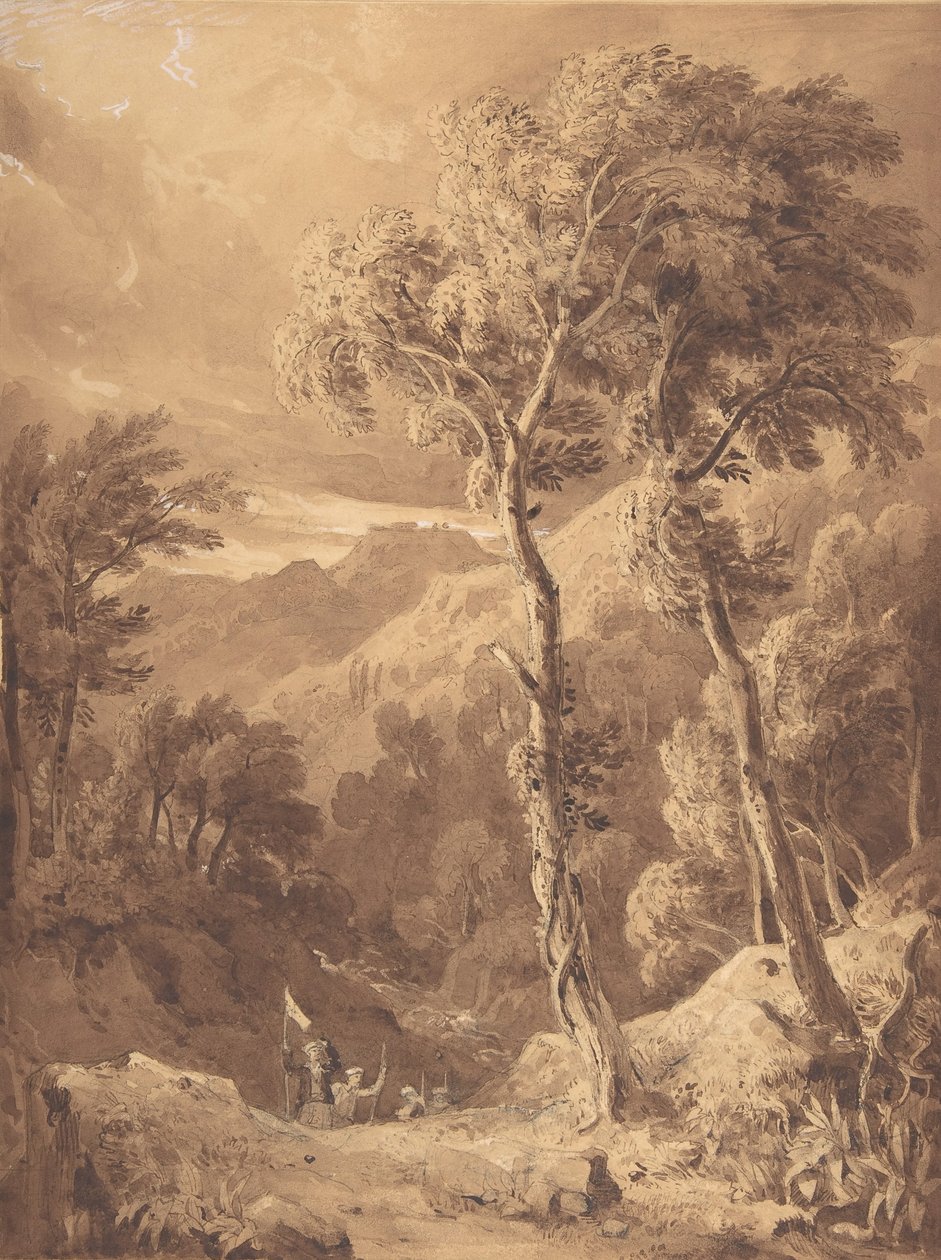 Bergigt landskap med ett sällskap av resenärer vid floden Pellene Achaia, 1818-29. av Hugh William Williams