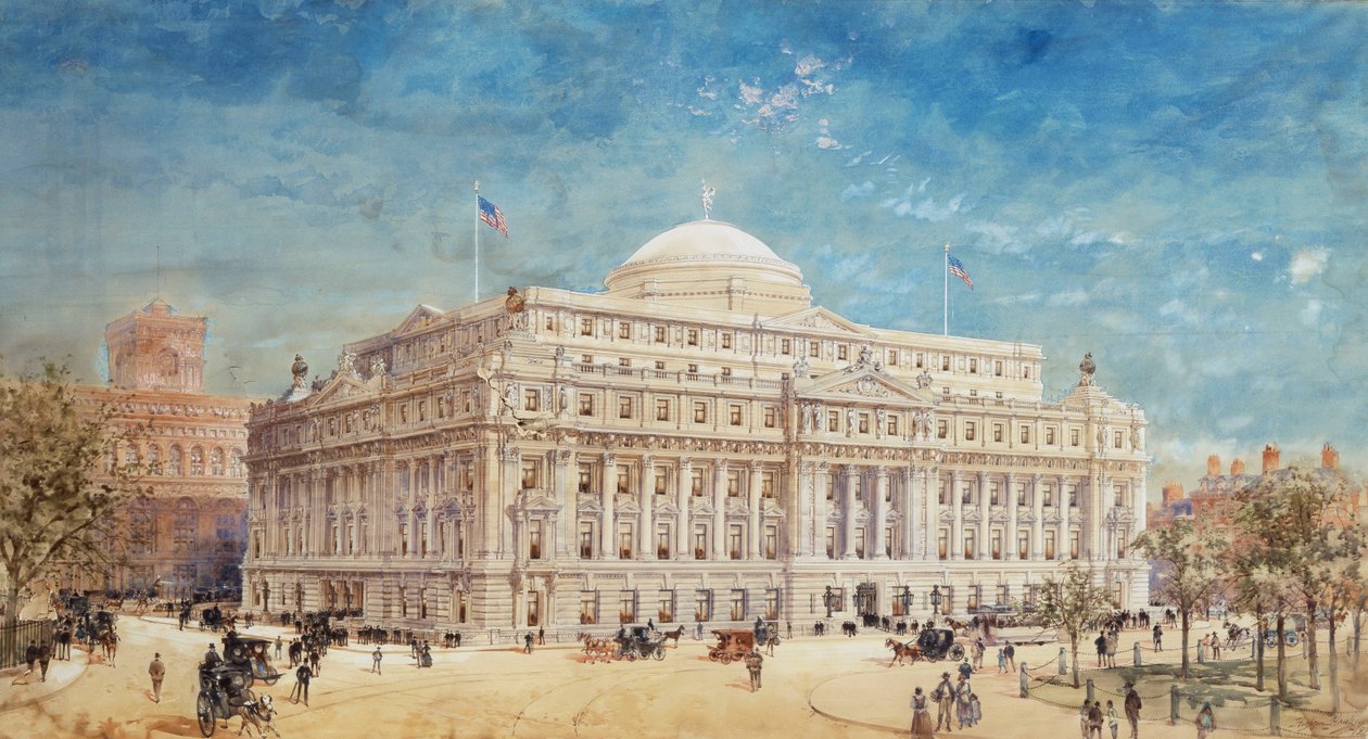 En återgivning av ett preliminärt förslag för United States Custom House, New York av Hughson Frederick Hawley