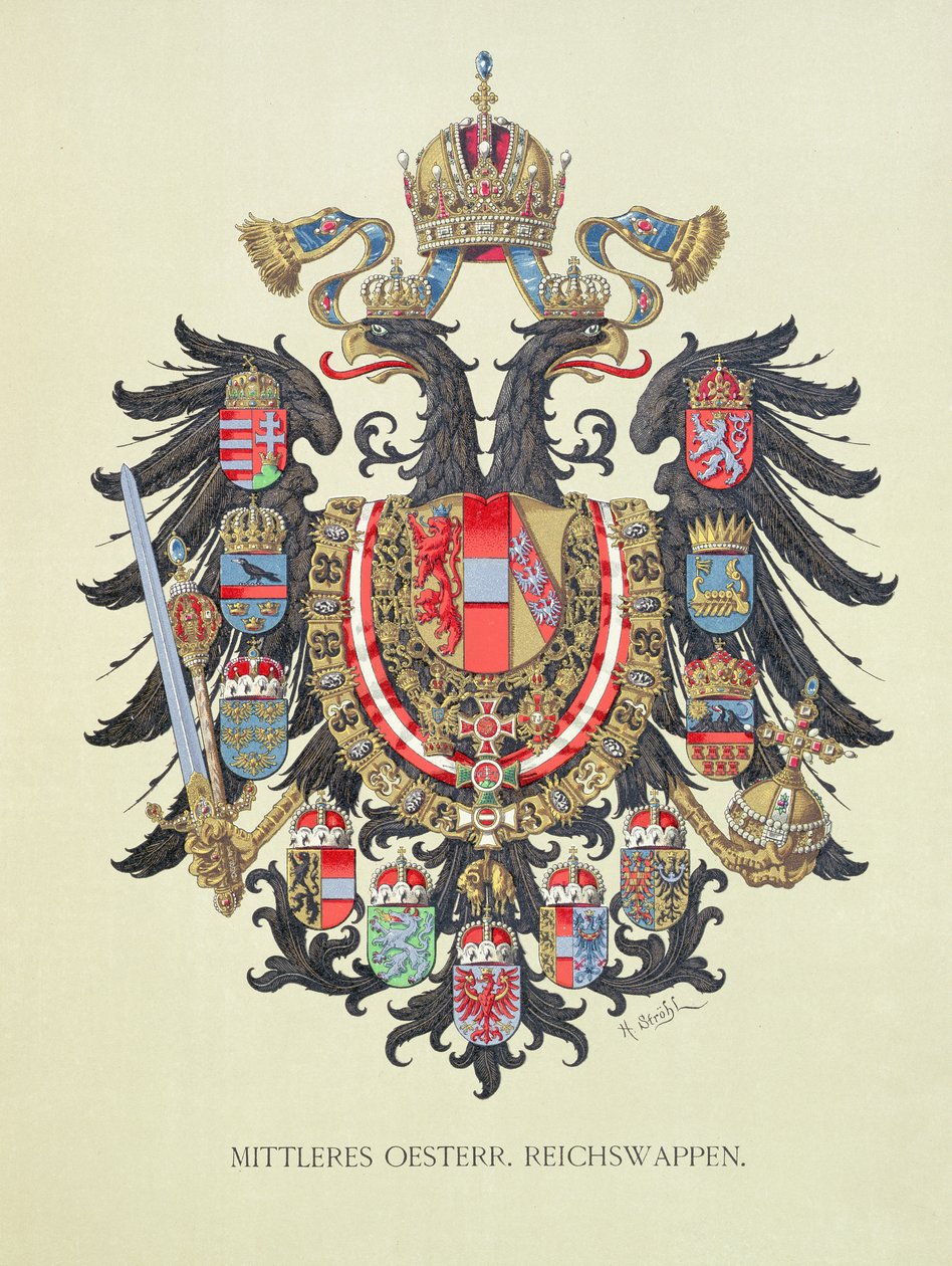 Platta med det österrikisk-ungerska kejsardömets vapensköld, från konstnärens "Heraldischer Atlas", 1899 av Hugo Gerard Strohl