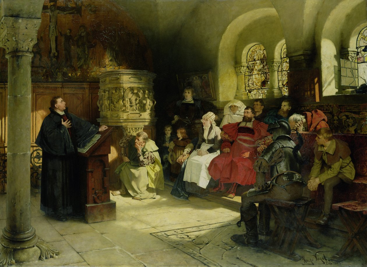 Luther predikar med hjälp av sin bibelöversättning medan han satt i fängelse i Wartburg, 1882 av Hugo Vogel