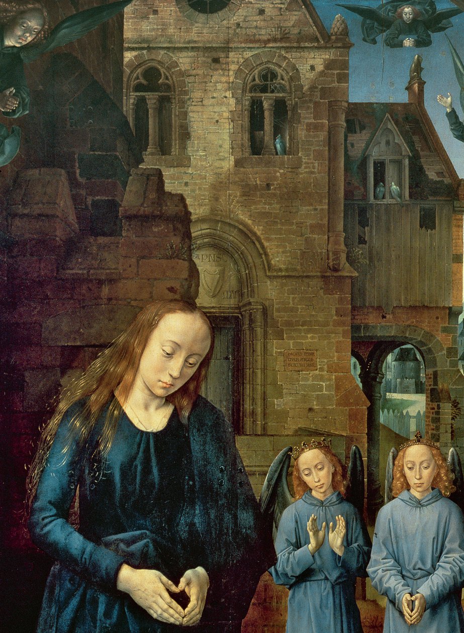 Kristusbarnet tillbedd av änglar, central panel i Portinari-altaruppsatsen, ca 1479 (detalj av 9619) av Hugo van der Goes