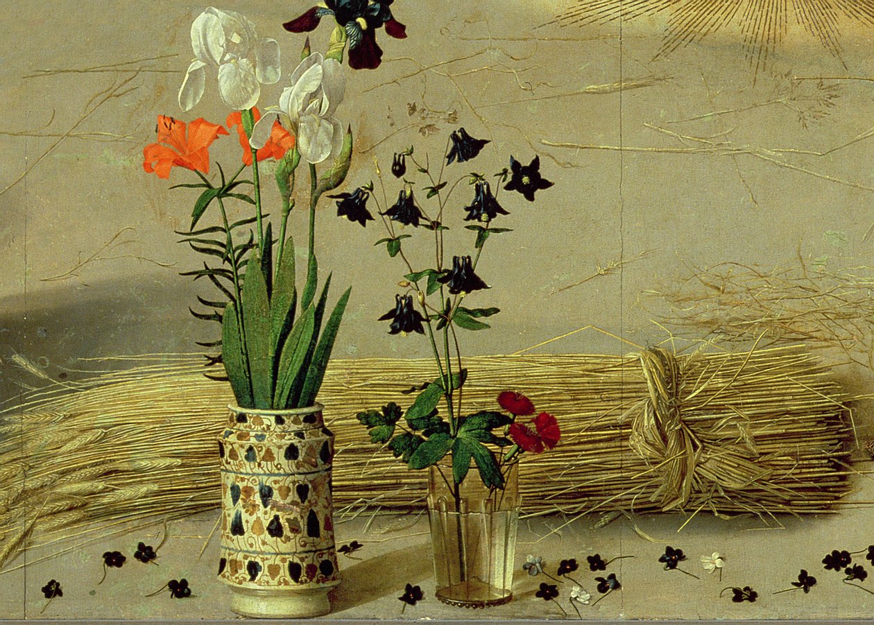 Blomdetalj från den centrala panelen i Portinari-altaruppsatsen, ca 1479 (detalj av 9619) av Hugo van der Goes