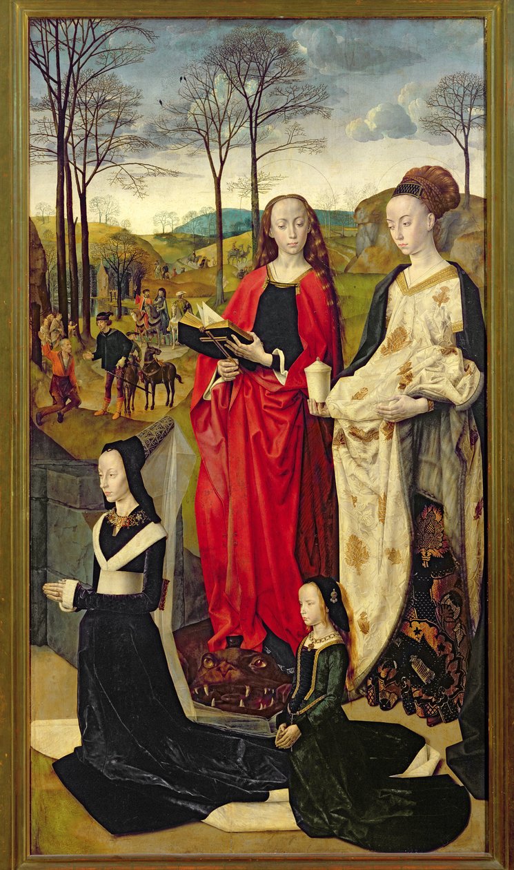 Portinari altartavla, St. Maria Magdalena och St. Margareta med Maria Baroncelli och dotter Margherita Portinari, högra flygeln, ca 1479 av Hugo van der Goes