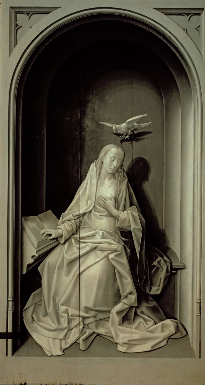 Jungfrun vid tillkännagivandet, från Portinari-triptyk, ca 1479 av Hugo van der Goes