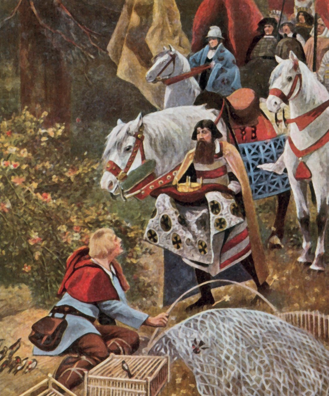 Den tyska kungakronan överlämnas till Henry the Fowler, 919 (förstärkt färglitografi) av Hugo (after) Vogel