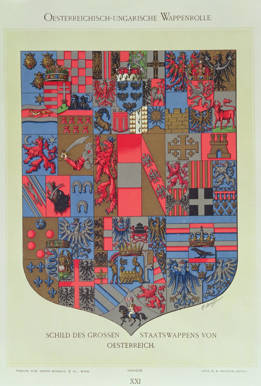 01315 det österrikisk-ungerska imperiets vapen, som visar vapenlagren för det kejserliga österrikiska hovet graverade av R. M. Rohrer (färgad litho) av Hugo Gerard Strohl