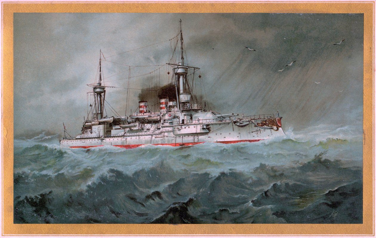 SMS. Linienschiff Brandenburg (vapen röd örn på vit sköld, S.M.S. Wörth = svart kejsarörn på guldsköld) av Hugo Graf