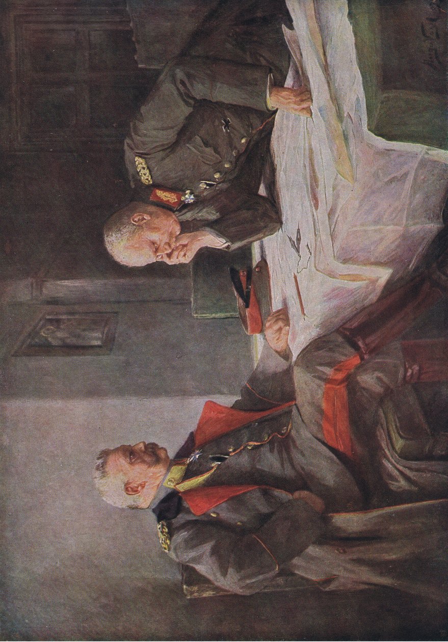 Studerar en krigsplan, illustration från Hindenburg publicerad av Daterlandischer Derlag C U Weller Berlin, 1922 av Hugo Vogel