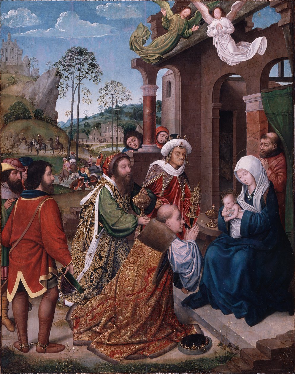 De tre vise männens tillbedjan, ca 1505 (olja på pannå) av Hugo van der (follower of) Goes